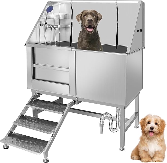 50" Dog Washing Station, Professional Stainless Steel Dog Bathing Station, Equipped/W Three Anti-Slip Steps, Removable Door, Upgraded Spray Nozzle&Hose - for Home, Pet Grooming Salon (50" Left ramp)