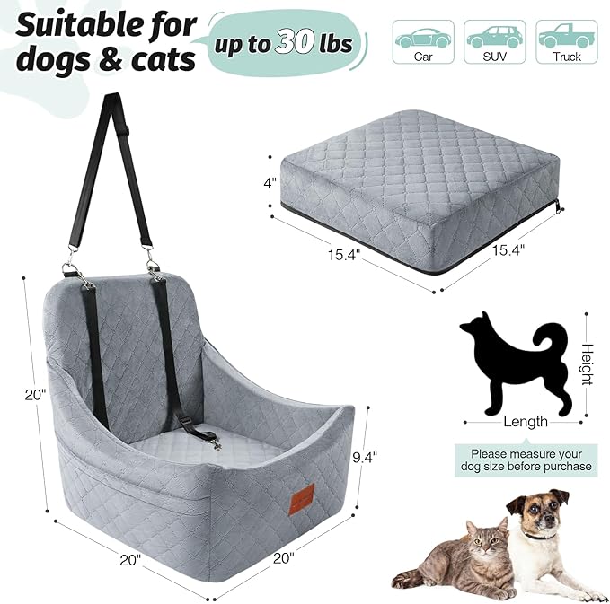 Dog Car Seat for Medium Dogs Up to 35lbs,Fully Detachable and Washable,Easy to Install with Adjustable Straps,Anti-Slip Bottom Travel Car Bed for Pets,Two Side Pockets(Grey,Medium)
