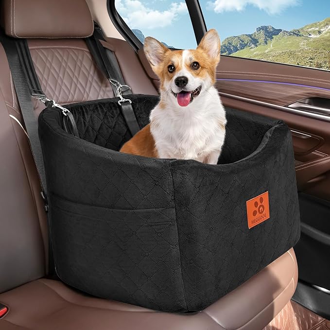 Dog Car Seat for Small Medium Dogs, Memory Foam Booster Car Seat for Dogs up to 35 lbs, Elevated Pet Car Seat, Travel Safety Bed with Washable Removable Cover and Storage Pockets(Black)