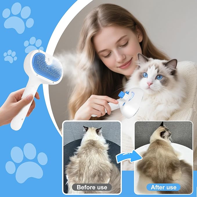 Pet Steam Brush for Dog & Cat - 3-in-1 Steam Grooming Brush for Shedding & Hair Removal - Self Cleaning Spray Comb with Mist for Long Haired Pets - Includes 2*Waterless Shampoo, Blue