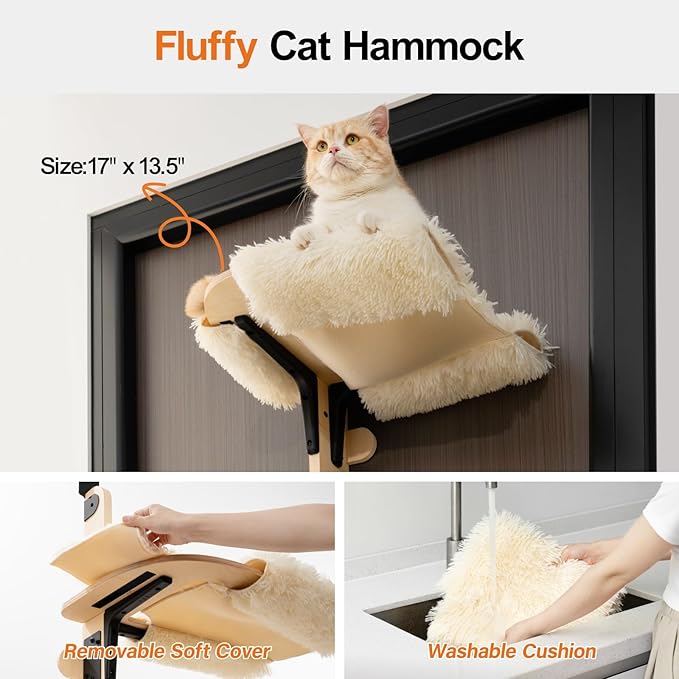 MEWOOFUN Cat Climbing Shelves Tree, 4-Levels Over Door Cat Climber for Jumping, Stable Cat Stairs Hammock for Kittens & Adult Cats (Wooden-65 H x 26.8” L x 13.8” W)