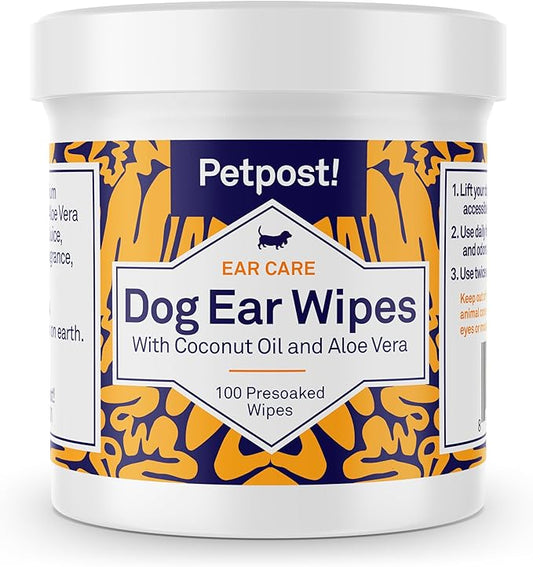 Petpost | Dog Ear Cleaner Wipes - Ultra Soft Cotton Pads in Coconut Oil Aloe Solution - Dog Ear Rinse & Cleanser 100 ct.