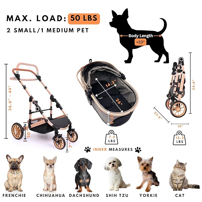 Pet Stroller with 4 Wheels, Foldable Pet Travel Carrier for Small/Medium Dogs Cats up to 50lbs, Detachble Portable Pet Bag, Storage Basket, Car Seat 3 in 1 Multifunctional (Grey)
