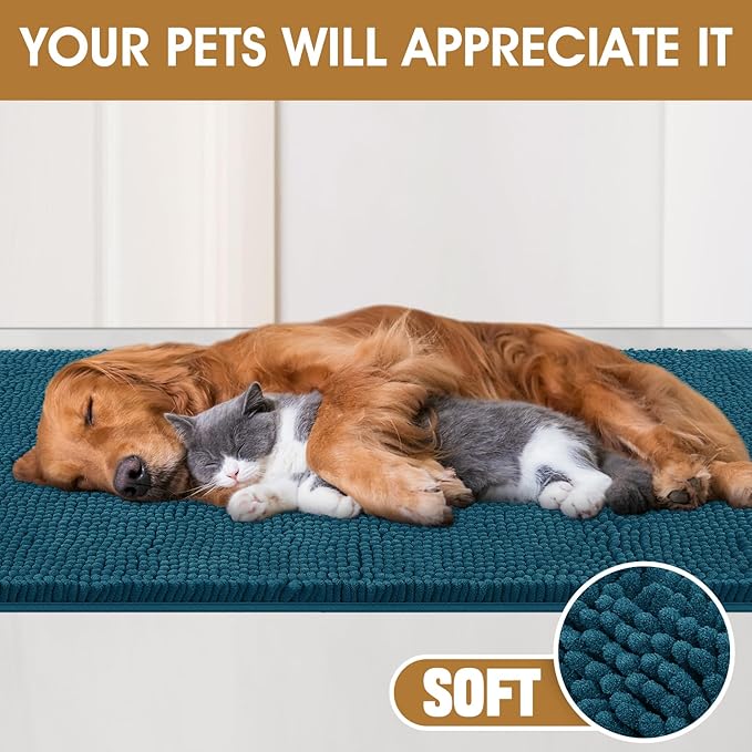 IM HOME 36" x 24" Teal Blue Dog Door Mats for Muddy Paws, Chenille Absorbent Dog Mat, Non Slip Heavy Mud Mat for Dogs, Soft Pet Bed Mat for Entryway, Mud Paws, Inside Floor