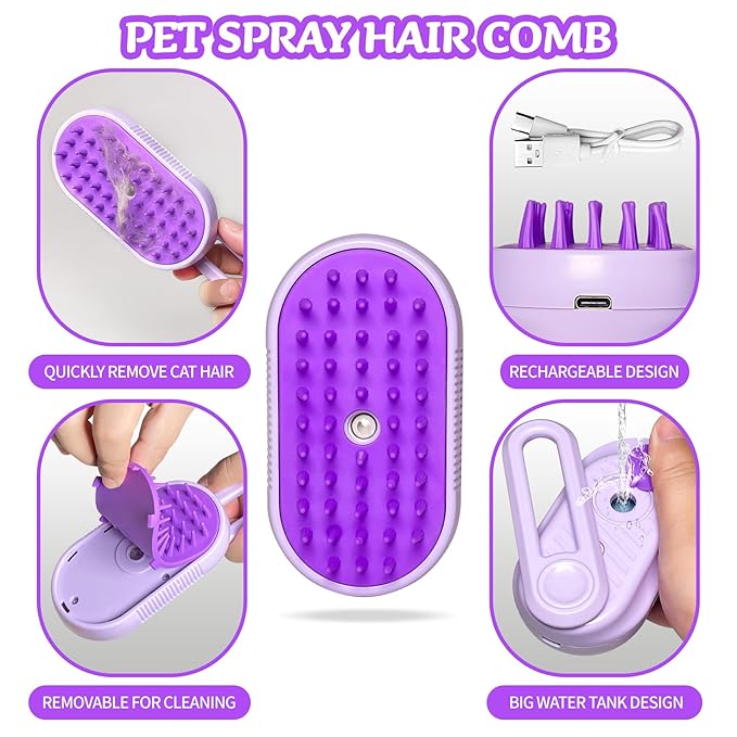 Spray Cat Brush for Shedding - Pet Grooming Brush with Steamer and Water Spray, Ideal for Cats and Dogs (Purple)