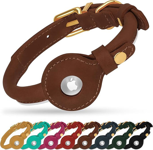 OOPSDOGGY Rolled Leather Dog Collar with Airtag Holder - Reflective Round Airtag Dog Collar - Soft Tracking Pet Collar for Small Dogs Puppy Cats Kitten (Brown, XXS, 7"-9")