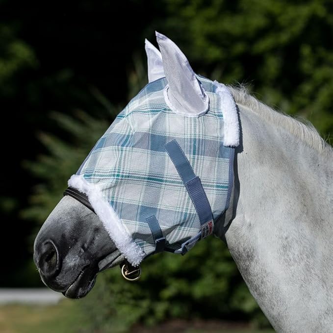 Schneiders Dura-Mesh Plaid Fly Horse Mask with Ears | Ultra-Durable 1000D Mesh | 70% UV Protection | Breathable Open Weave | Color Blue Plaid | Size Full Size