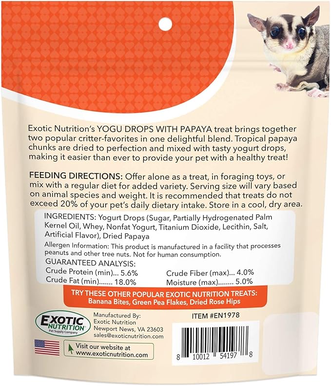 Yogu Drops With Papaya (4.5 oz.) - Healthy Natural Fruit & Yogurt Treat - For Sugar Gliders, Rats, Chinchillas, Ferrets, Parrots, Hamsters, Squirrels, Hedgehogs, Guinea Pigs, Rabbits & Small Pets