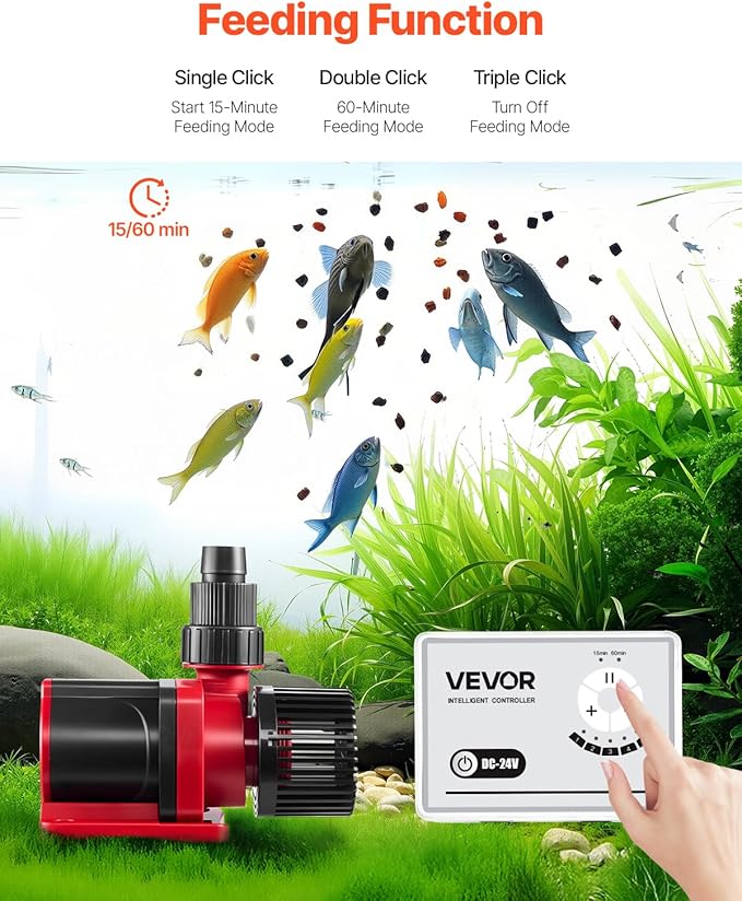 VEVOR Aquarium 24V DC Water Pump, 100W, 2642 GPH Marine Wavemaker Return Pump with Controller, Adjustable Flow, Feed Mode, 19.7 ft Max Lift, for Saltwater Freshwater Fish Tank Sump Pond Circulation