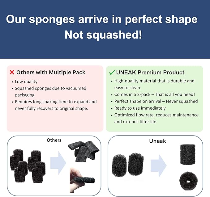 UNEAK 2-Pack Large Premium Pre Filter Sponge Aquarium Intake High-Porosity Foam Roll Fish Tank Shrimp Beta Baby Fish Replacement Foam Cover Filtration Freshwater Saltwater 5-20 Gallons Easy to Clean