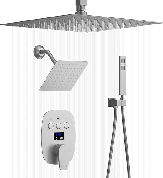 Shower System Brushed Nickel Shower Faucet Set with 12 Inch Ceiling Mounted and 8 Inch Wall Mounted Dual Shower Head and Handle Set with Temperature Display Function