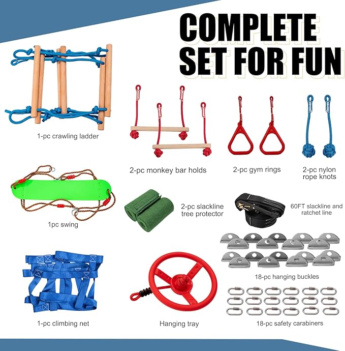 Slsy 60FT Ninja Warrior Obstacle Course (10 Obstacles), Ninja Slackline Kit for Kids, Durable Playset Equipment with 10 Complete Set-Monkey Bar,Swing, Climbing Ladder & Net