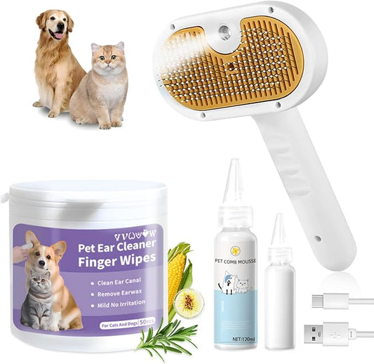 Pet Steam Brush for Dog & Cat–3-in-1 Spray Hair Removal Comb–Steam Brush for Shedding & Grooming–Water Brushes for Long & Short Haired Pets–Spritz Defur Comb–Includes Waterless Shampoo & Ear Wipes