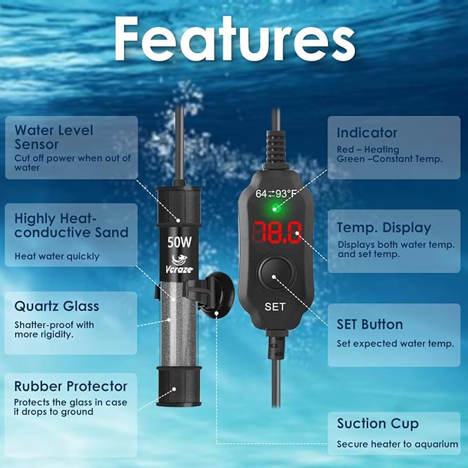 Super Compact 50W Fish Tank Heater, Submersible Aquarium Heater with LED Digital Display Thermostat, Adjustable Fish Heater for 5-10 Gallon Tanks
