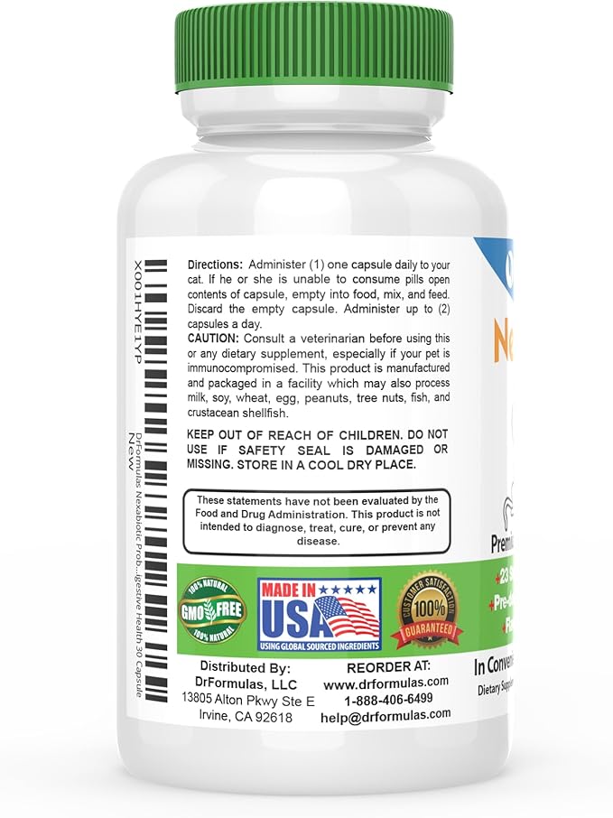 DrFormulas Nexabiotic Probiotics for Cats Powder | Treats Diarrhea for Pets with Saccharomyces Boulardii Lactobacillus Acidophilus, Best Probiotics Supplement for Digestive Health 30 Capsule
