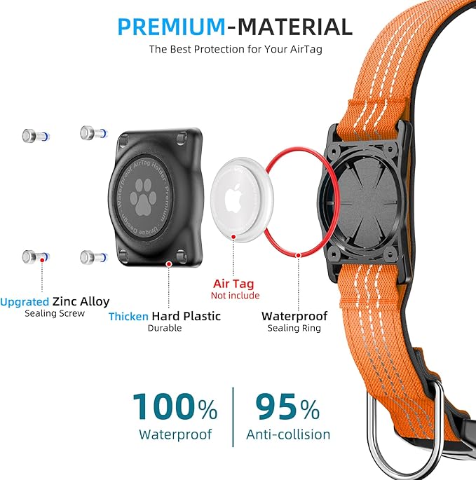 Upgraded AirTag Dog Collar, IP68 Waterproof Air Tag Dog Collar Holder, Reflective, Ultra-Durable, Comfortable Padded, Heavy Duty Dog Collars for Small Medium Large Dogs (M (12.6"-17.1"), Orange)