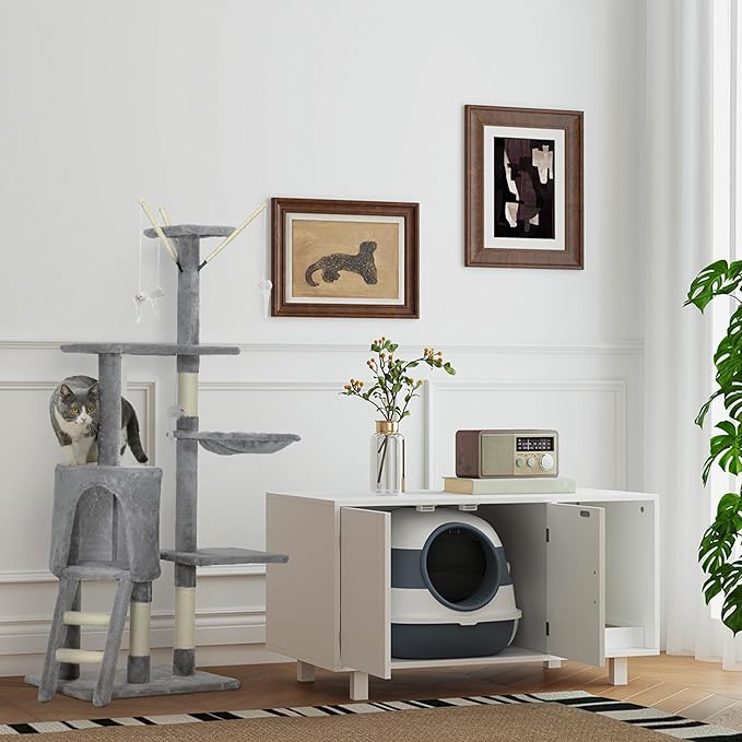 PawHut Cat Litter Box with Lid, Covered Litter Box w/High Sides, Air Freshener, Large Two-Way Entrance Kitty Toilet, Foldable, Easy Clean, White