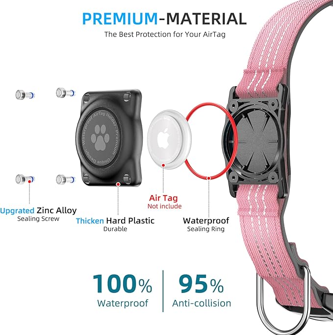 Upgraded AirTag Dog Collar, IP68 Waterproof Air Tag Dog Collar Holder, Reflective, Ultra-Durable, Comfortable Padded, Heavy Duty Dog Collars for Small Medium Large Dogs (XS (10.25"-13"), Pink)