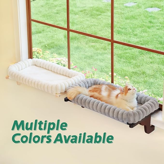 SnugCloud Cat Window Perch with 4-Sided Bolster - Orthopedic Cat Hammock for Window Sill - Solid Hardwood & Metal Frame - Window Seat for Pets (Dark Stained Wood w/Gray Bed, Large)