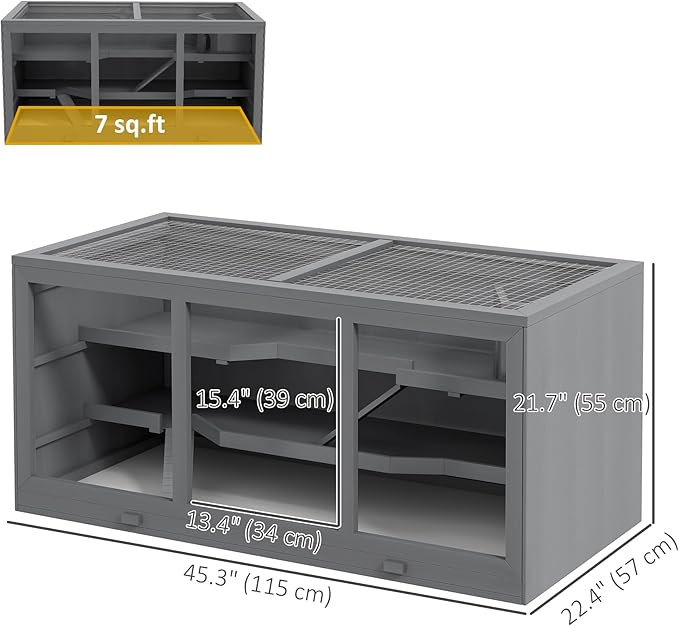 PawHut 45" Extra Large Wooden Hamster Cage, 3-Layer Chewproof Rat Cage with Opening Roof, Hut, Ramps, for Gerbil, Dwarf & Syrian Hamsters, Gray