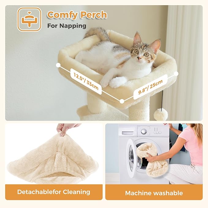 PAWZ Road Cat Tree, 51.6 Inches Cat Tower with Dual Condos, Spacious Perch, Cozy Basket and Sisal-Covered Scratching Posts for Indoor Cats- Beige