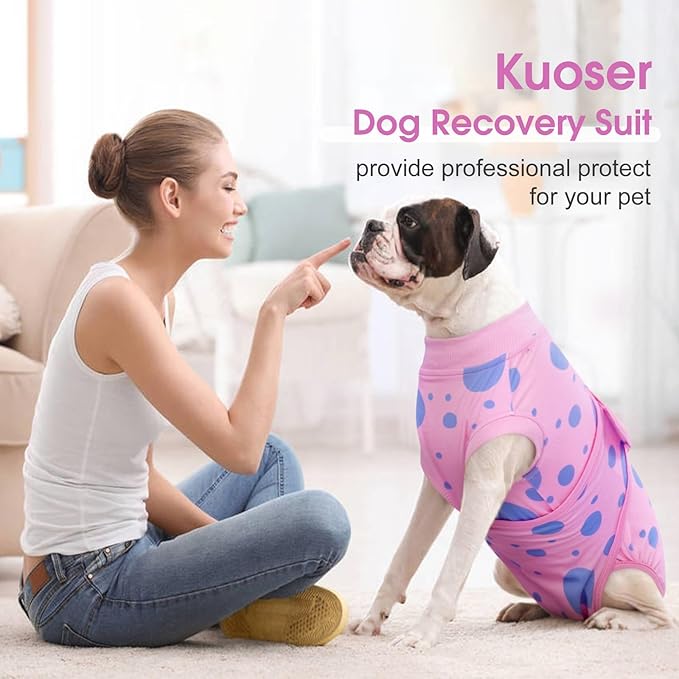 Kuoser Dog Surgery Recovery Suit, Anti Licking Pet Surgical Suit for Dogs Male Neuter, Female Dog Surgery Suit for Spay Subsititute E-Collar Cone, Dogs Body Suits After Surgery Pink Polka Dot M