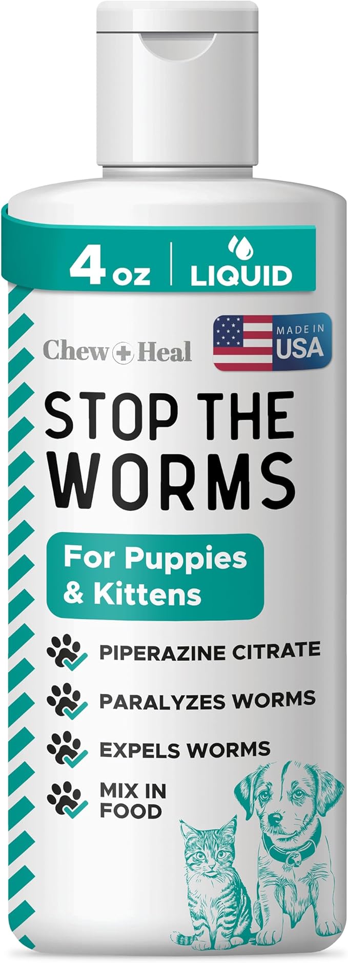 Dog and Cat Dewormer Liquid - 4 oz Wormer Solution to Paralyze and Expel Roundworms - Kitten and Puppy Dewormer