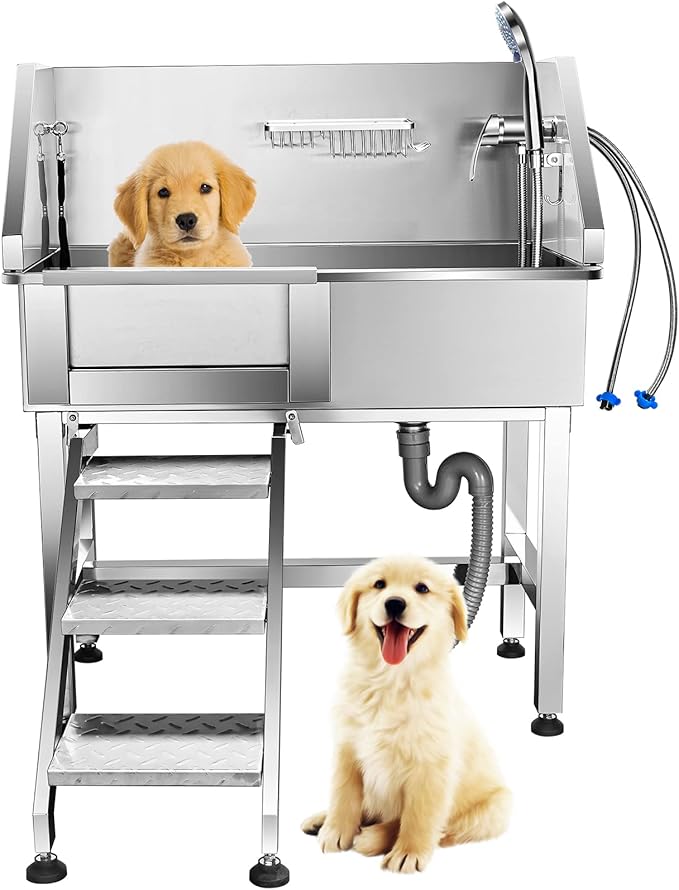 34'' Dog Washing Station for Small Dogs Grooming Tub Bathing Station Professional Pet Wash Station Bathtub for Home with Sliding Door, Faucet, Steps