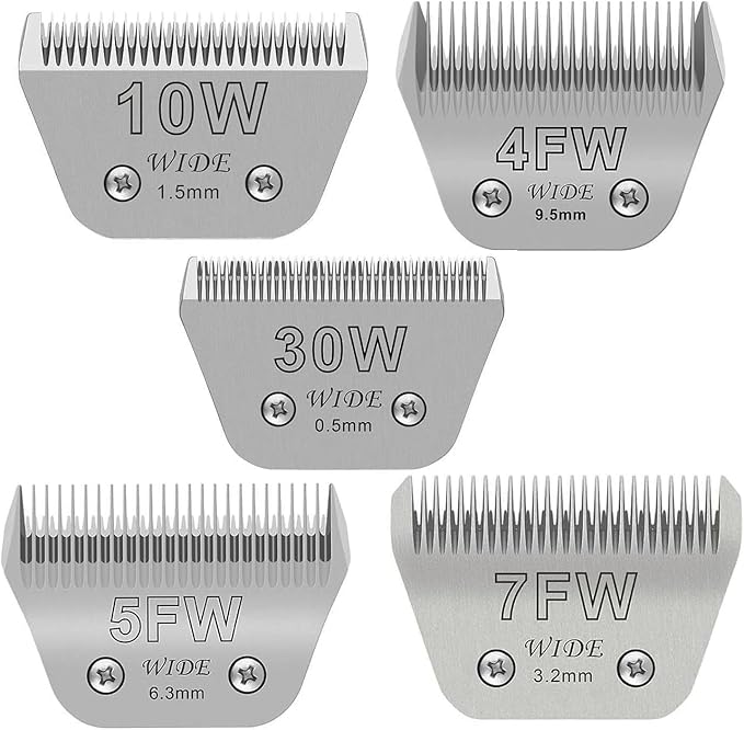 5PCS Wide Blades for Dog Grooming Blades Compatible with Andis Dog Clipper,Dog Clipper Blades for Oster A5,Wahl km10 Dog Clippers Stainless Steel for Animal Dog,Cat,Horse,Size:#10W+30W+4FW+5FW+7FW
