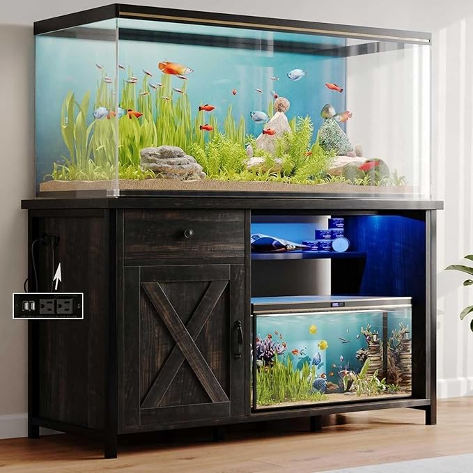 4ever2buy 55 Gallon Fish Tank Stand with LED Light & Power Outlets, 55-75 Gallon Aquarium Stand with Drawer & Barn Door, Cabinet for Fish Tank Accessories Storage for Reptile Tank, Turtle Tank, Oak