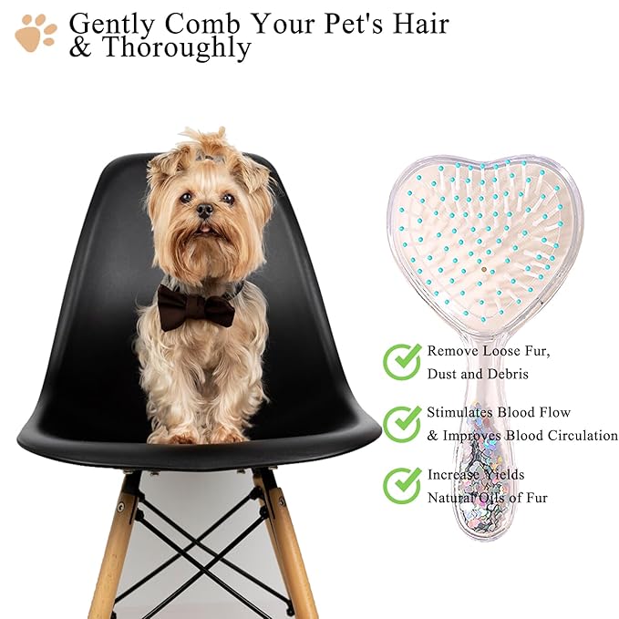 Small Dog Brush, Soft Brush for Shih Tzus, Yorkies, Maltipoos, Maltese, Love Shape Puppy Massaging Hair Comb for Small Dogs Cats Rabbits of All Hair Types (Glitter Blue)