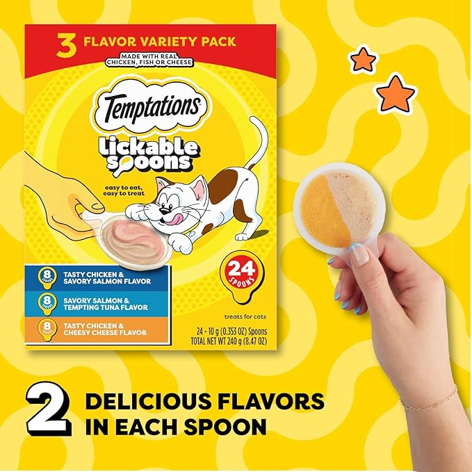 Temptations Lickable Spoons Adult Wet Cat Treat, 24 Spoons, Variety Pack