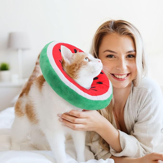 2 Pcs Adjustable Cat Cone Collar Soft Small Cute Cat Recovery Donut Collar After Surgery Orange Watermelon Elizabethan Kitten Neck Cones for Small Dogs Pet, Fruits Shaped, Under 7 lbs