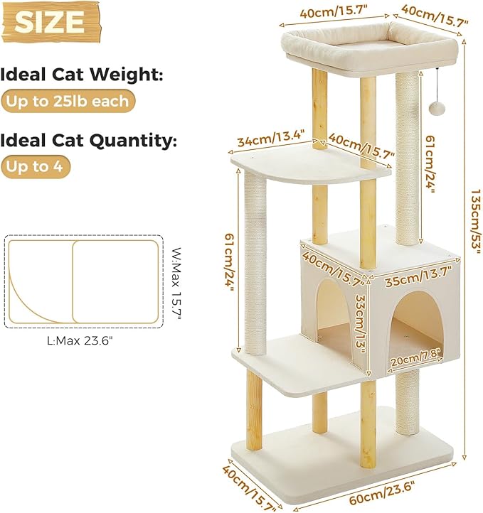PAWZ Road Large Cat Tree, 53 Inches Modern Wooden Cat Tower for Indoor Large Cats, Multi-Level Cat Condos with Long Scratching Posts and Natural Wood Posts-Beige