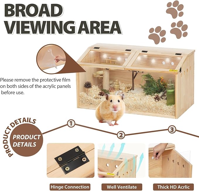 COZIWOW Wooden Hamster Cage, Large Hamster Habitats Enclosure with Acrylic Window & Openable Top, (32" L x 16" W x 16" H) Small Animal Cage for Guinea Pig, Chinchilla, Gerbil