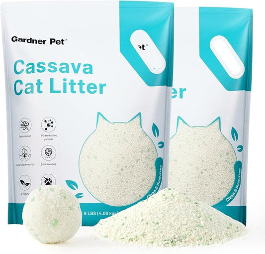 Gardner Pet Cassava Cat Litter, Clumping Cat Litter with Odor Control, Low Dust, Natural Plant-Based Litter, Fast Absorption & Low Tracking Kitty Litter, Unscented with Deodorizing Pellets (9LBS*2)