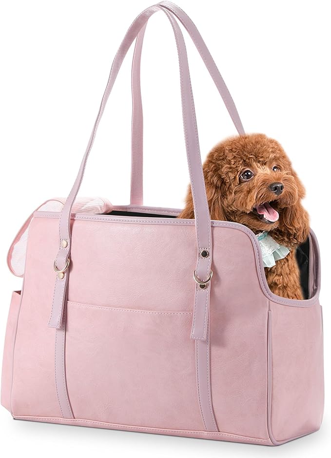 Dog Carrier Purse, Fashion Leather Pet Carrier with Pockets, Airline Approved Soft Sided Dog Carrying Bag for Puppy Cat Dog Pink