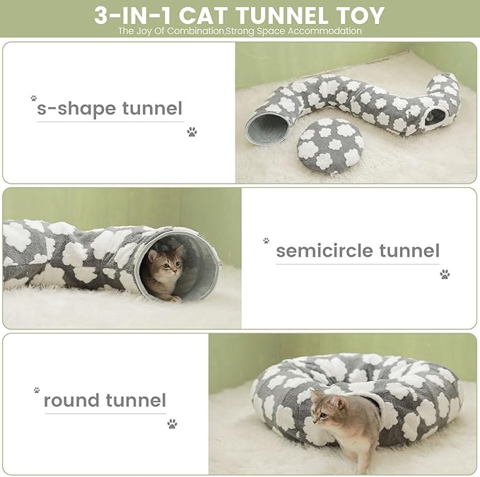Cat Tunnel Bed for Indoor Cats,Soft Peekaboo Cave Cat Donut Tunnel with Washable Circle Cushion Central Mat, 3 Ways Shaped Round Pet Play Tunnel Toy for Kitten Puppy Rabbit Ferret Green