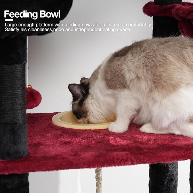Heybly Tall Cat Tree, 78-inch Multi-Level Cat Tower for Indoor Cats, 2 Widened Plush Perches Cat Condo with Scratching Board and Big Caves, Black and Red HCT033BR