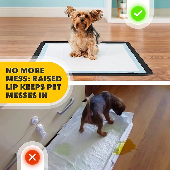 TidyFriend Dog Pee Pad Holder Tray Fits for 24” x 24” Wee Wee Pee Pads - Stable Grip, Raised Edges, Quick-Wipe Silicone Surface Dog Potty Tray Holder for Indoor Flooring Protection (Black)