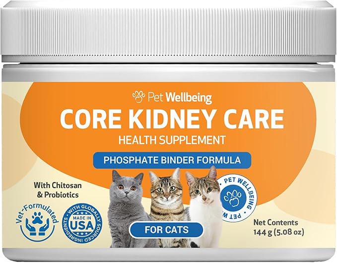 Pet Wellbeing Core Kidney Care for Cats - Daily Phosphate Binder, Supports Healthy Kidney Function with FOS, Chitosan, Probiotics - Veterinarian-Formulated 5.08 oz (144 g) Powder