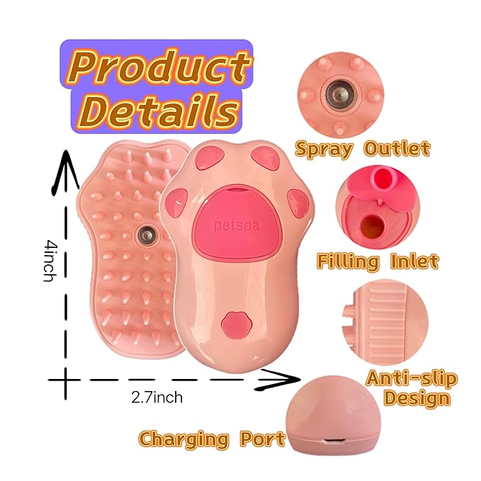 Cat Steam Brush,3 In1 Spray Cat&Dog for Hair Shedding and Cleaning,Silicone Spa Massage Pet Steamer Brushes with Misting Bathing&Dry Cleaning,Pet Grooming Steam Comb