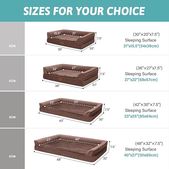 Orthopedic Dog Bed for Large Dog, Pet Couch for Medium Dog Cat, Big Supportive Foam Bolster Sofa with Waterproof Lining Cover, Anti-Slip, Comfort, Washable, 36x27x7.5 in, U Shape, Brown