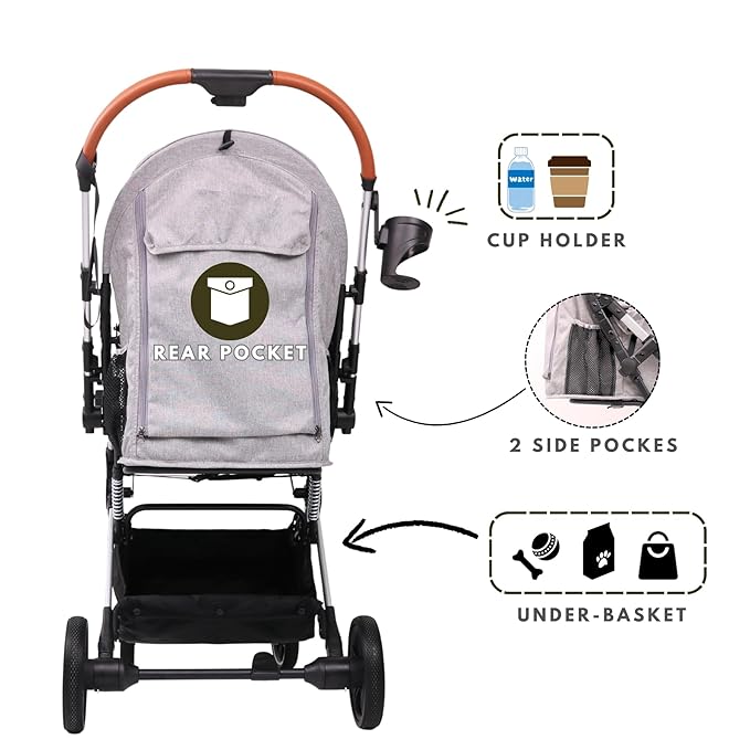 Pet Stroller for Small Medium Dogs Cats Up to 45 lbs, Travel Lite Collapsible, All Terrain 4 Wheels for Jogging, Running, Grey