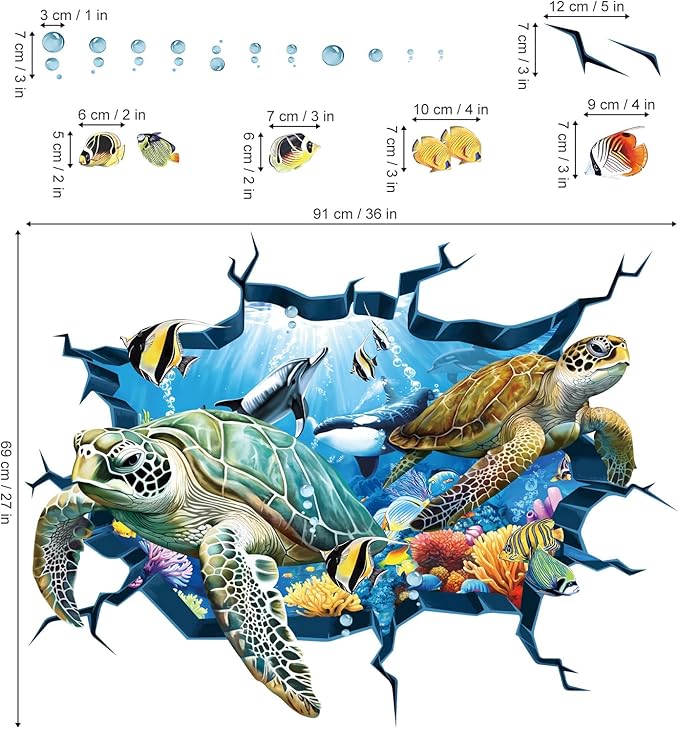 decalmile 3D Under The Sea Turtle Wall Decals Underwater Ocean Fish Broken Wall Stickers Kids Bedroom Living Room Bathroom Wall Decor