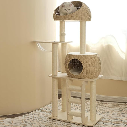 Rattan Cat Tree for Indoor Cats,Tall Cat Tree Tower with Cat Scratching Post,Wood Cat Tower for Indoor Cats,57.5 Inch Tall