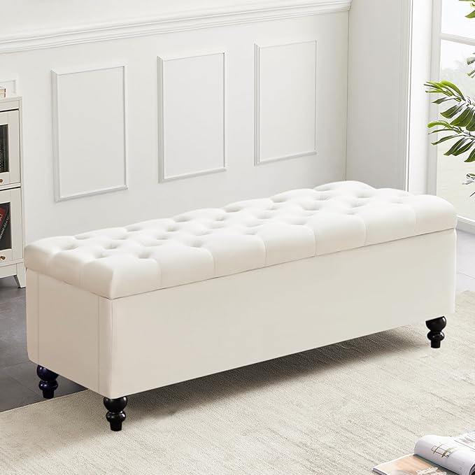 Ottoman with Storage,50.2-inch Upholstered End of Bed Storage Bench for Bedroom,for The Living Room,for Entryway, with Button and Safety Hinges,Detachable (White)