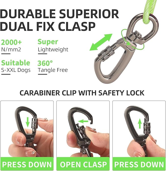 Dog Tie Out Cable, 30FT, Green, Suitable for Dogs up to 350 pounds, Lightweight, Non-Winding, for Outdoor Use