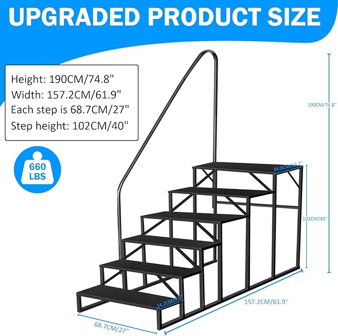 RV Stairs 6 Step Ladder, RV Steps Anti-Slip, Hot Tub Steps with Handrail, 660 lbs RV Ladder for 5th Wheel RV, Mobile Home Stairs