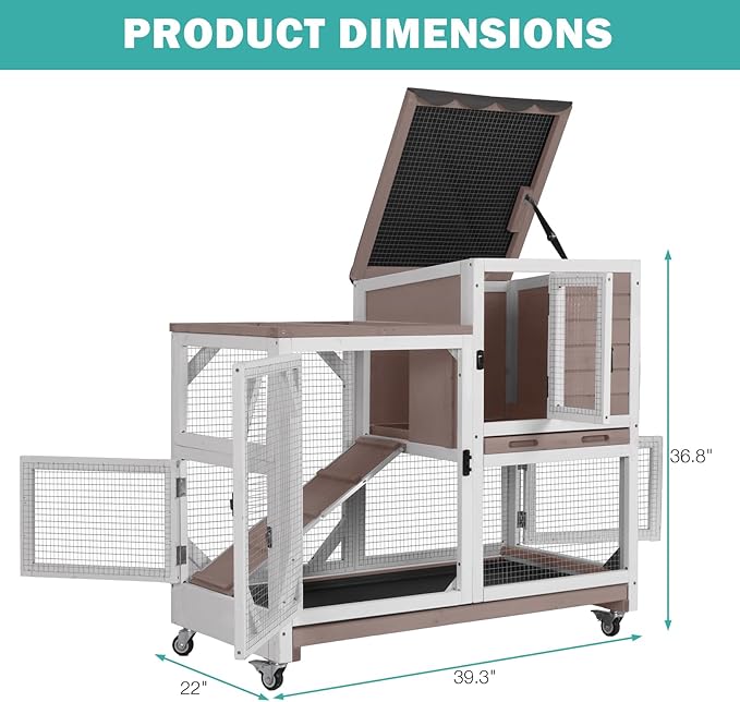 Rabbit Hutch Indoor for 2-4 Rabbits & Guinea Pigs，Bunny Cage with Slide-Out Plastic Trays，Wooden Small Animal Cage for Rabbits, Bunnies, and Guinea Pigs